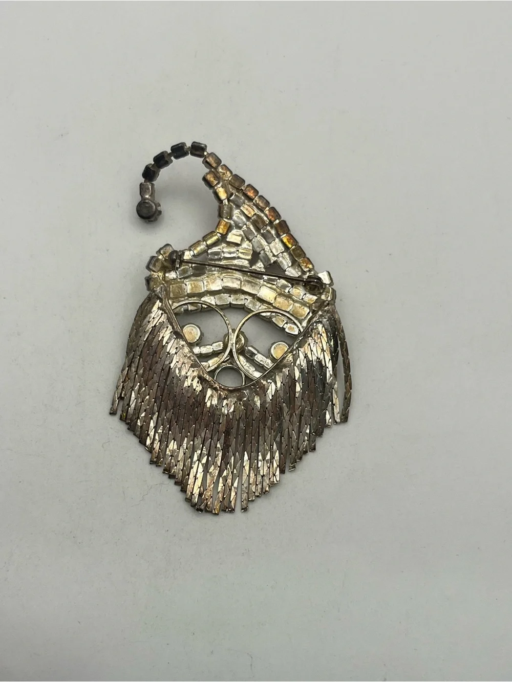 Santa Claus Christmas articulated fringe chain beard rhinestone brooch pin
